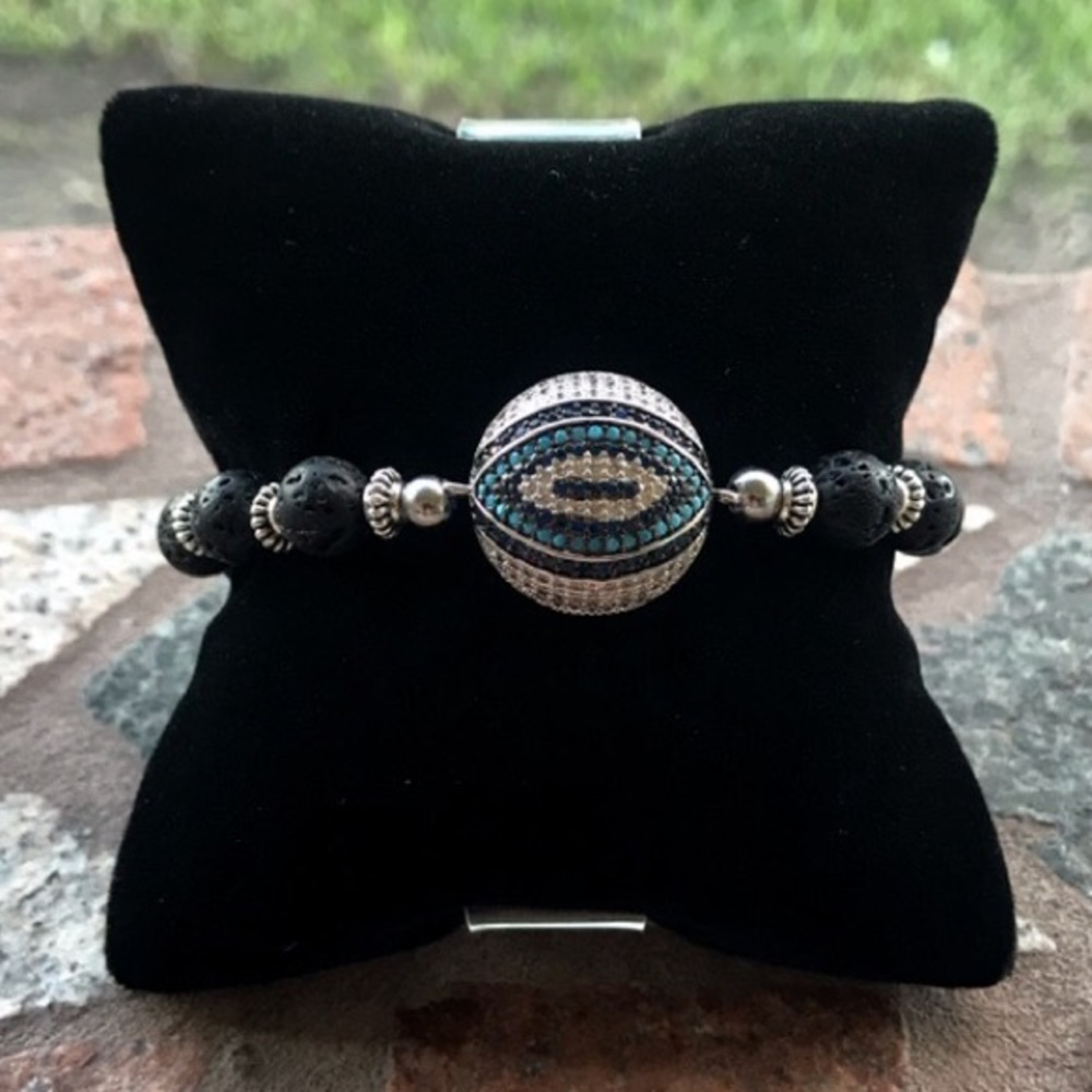 Evil eye bracelet . White gold plated cz charm & black Lava rock beads boho - Picture 8 of 11